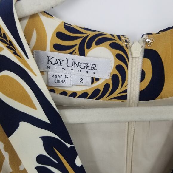 Kay Unger Silk Abstract Paisley Dress 2 A Line Sleeveless V Neck Pleated Navy - Picture 2 of 9